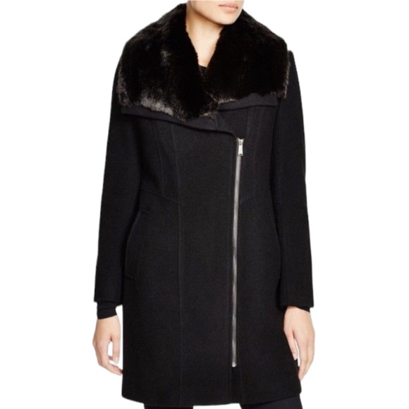 DKNY Black Asymmetrical Wool Mix Coat with Faux Fur Collar Size 14 - Picture 1 of 16